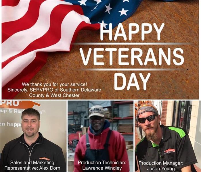 Happy Veterans Day text with an American flag in the background, and pictures of three of our own employees who are veterans.