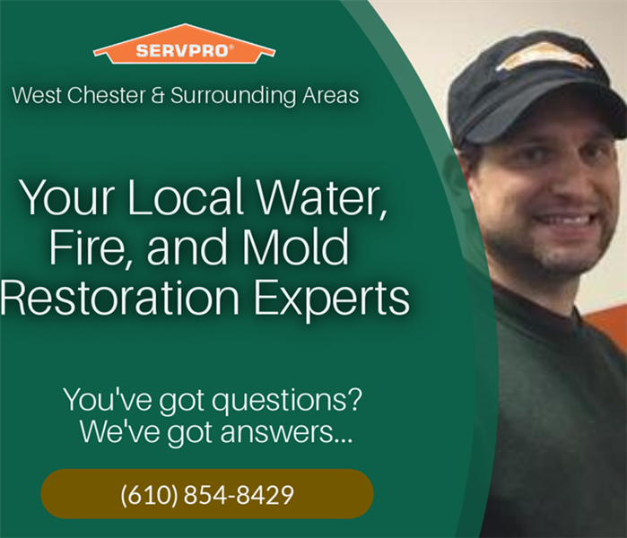 man in t-shirt and hat, standing in front of wall. Graphic with "Your local water, fire, mold restoration experts"